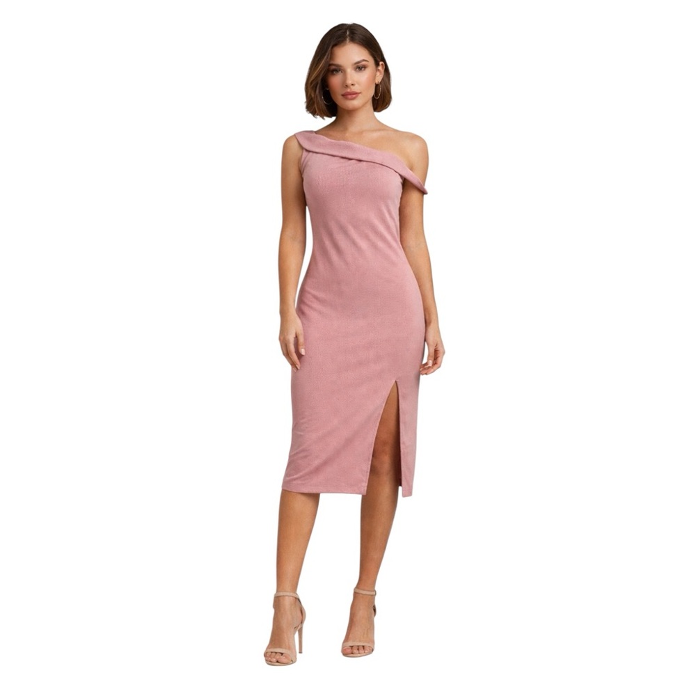 NBD One Shoulder Bodycon Midi Dress Pink Foldover Neck Front Side Slit Size S
